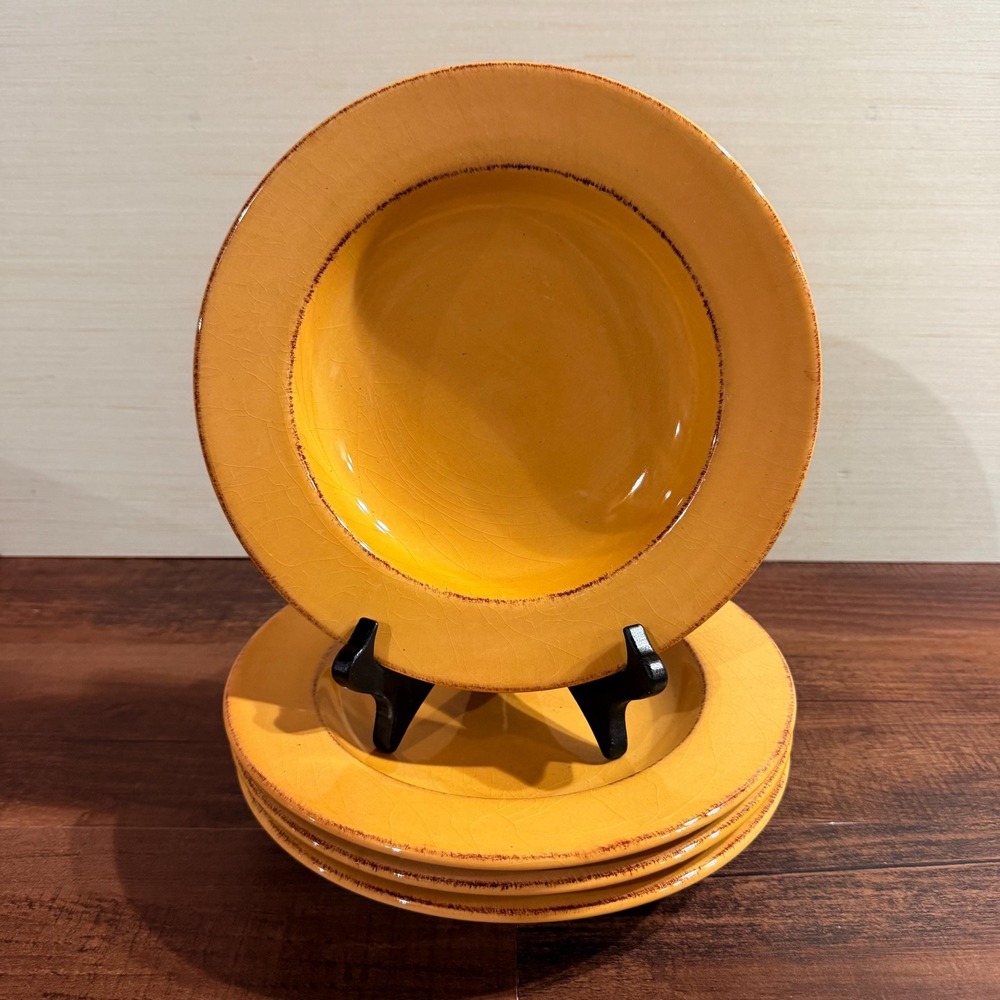 4 Pier 1 Toscana Gold Rimmed Soup Bowls Italian Yellow Hand Painted Tuscan